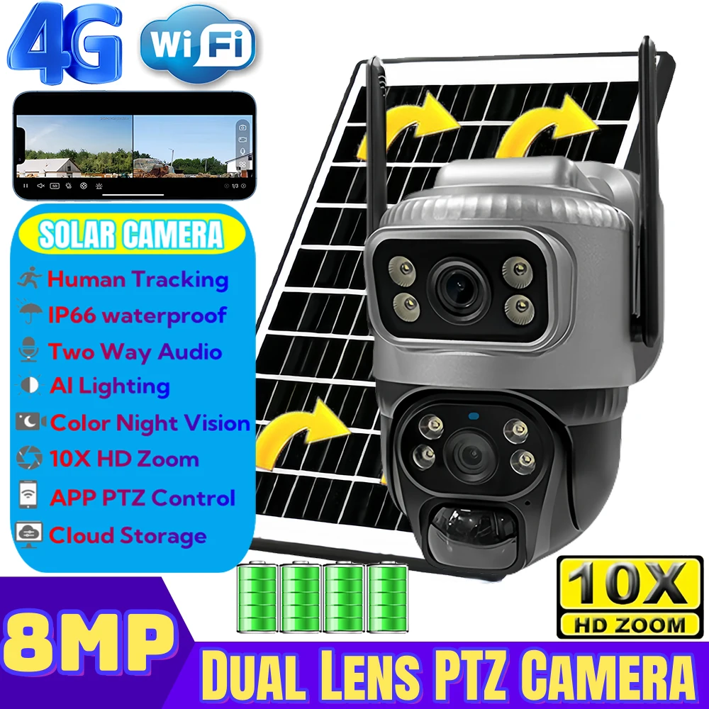 Telecamera Di Sicurezza Solare 4K PTZ 360° - 3 Lenti, Rilevamento Movimento, Visione Notturna A Colori, IP66