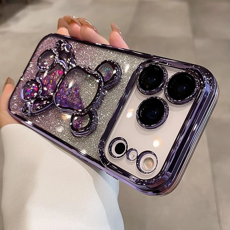 Luxury Quicksand Bear Glitter Case with Gradient Rhinestone Plating