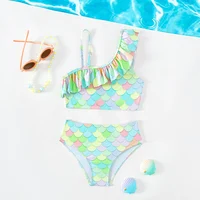New Children's Angled Shoulder Strap Split Swimsuit Girls Printed Ruffles Quick-Drying Breathable Bikini Swimwear Beach Wear 3