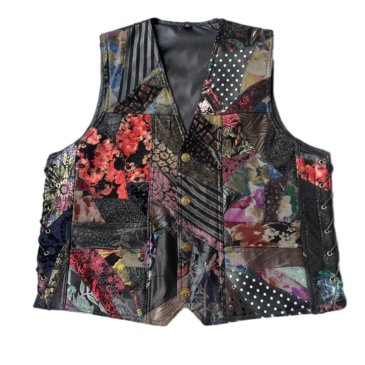 

Fashionable Motorcycle Riding Jacket Moto rider Vest with Floral Patchwork Sleeveless Clothes Retro Leather Biker Waistcoat