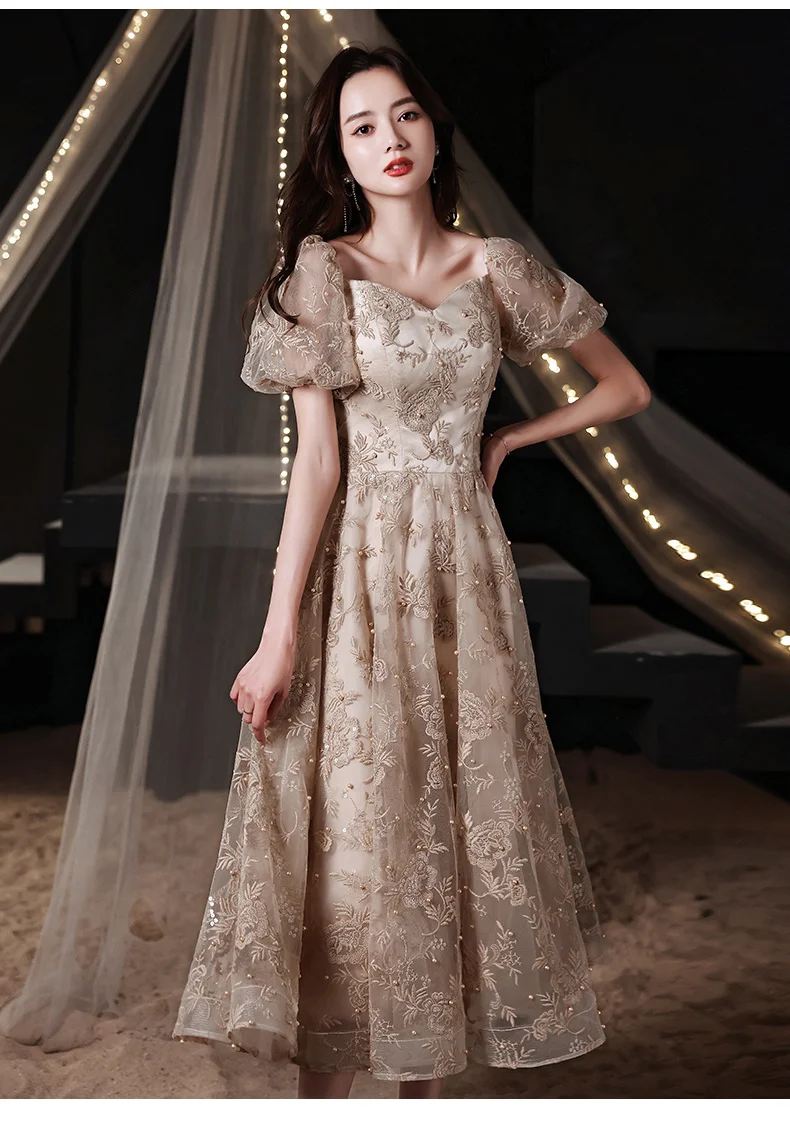 Champagne Lace Evening Dresses 2021 Elegant Square Neck A-Line Tea-Length Midi Prom Gowns For Cocktail Party long sleeve evening gowns