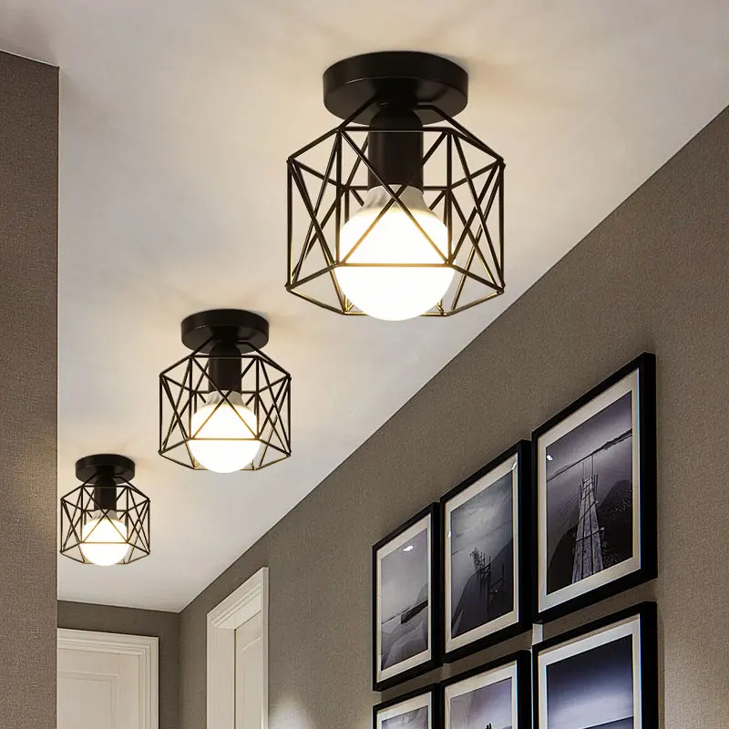Vintage E27 Ceiling Lights For Corridor Foyer Aisle Black Metal Indoor Cage Chandelier Lighting Fixures