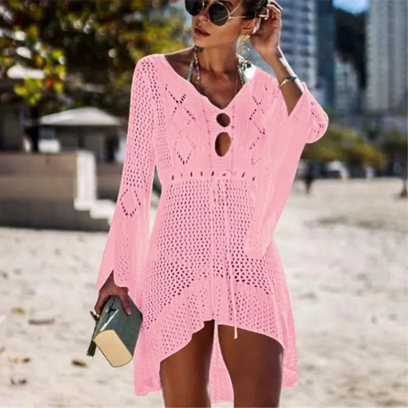 

Женская пляжная блузка с расклешенным рукавом, розовая ажурная рубашка для защиты от солнца в европейском стиле, весна-лето 2023