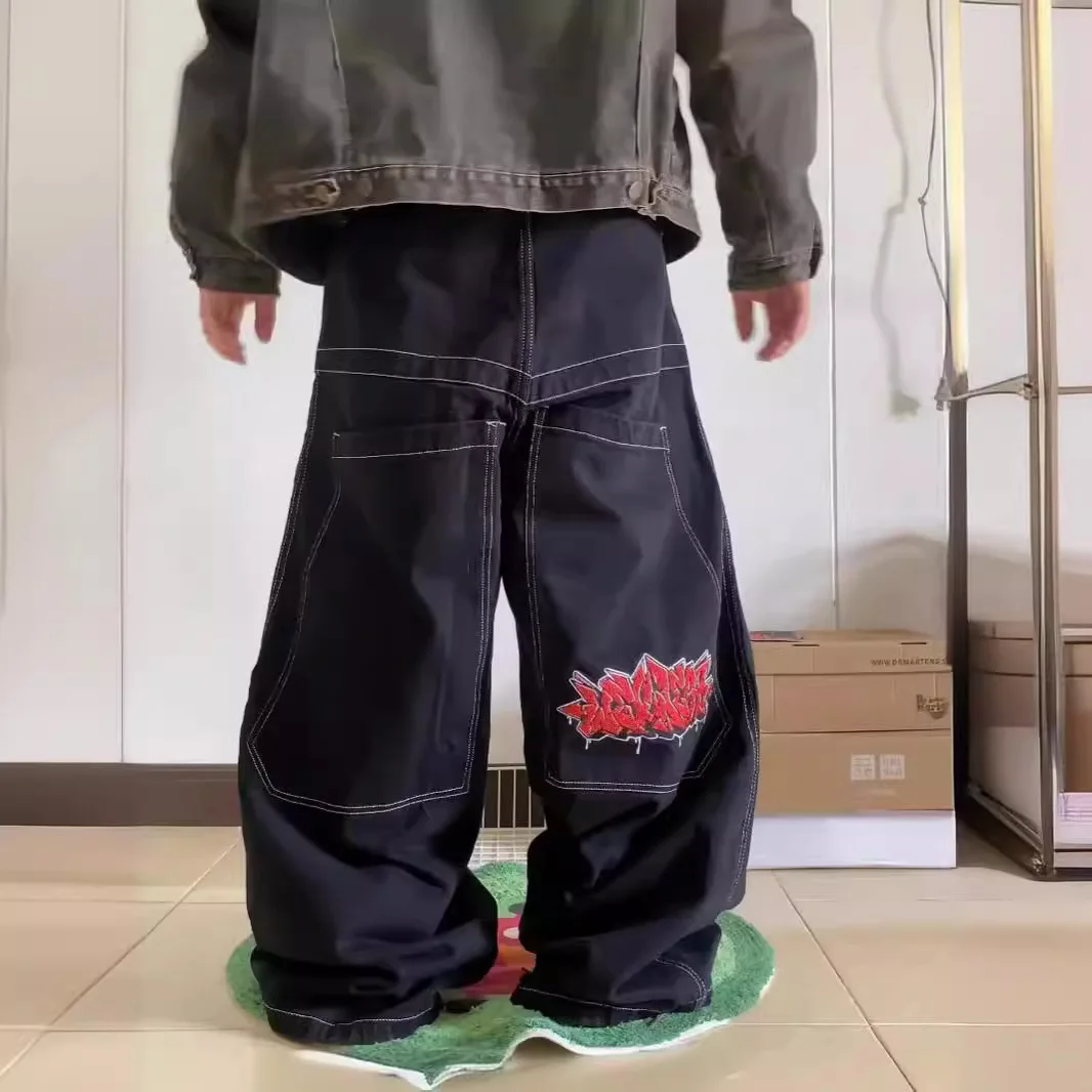 Vintage Clothing Multi-pocket Letter Jeans Y2k Hip Hop Pant Sets Black High Waisted Wide Leg Pants Cargo Streetwear Sweatpants 2