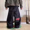 Vintage Clothing Multi-pocket Letter Jeans Y2k Hip Hop Pant Sets Black High Waisted Wide Leg Pants Cargo Streetwear Sweatpants 2