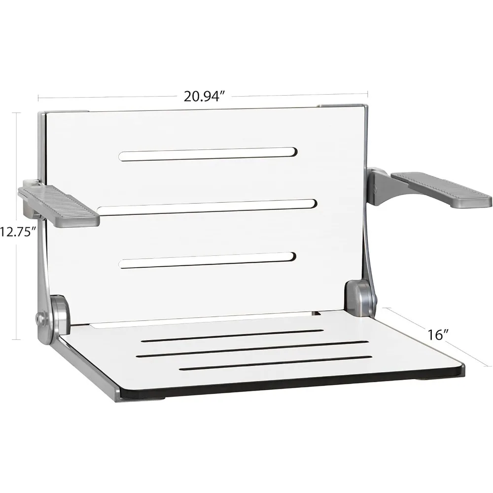 Comfort Folding Wall Mount Shower Bench Seat with Arms, White Seat with Silver Frame 2