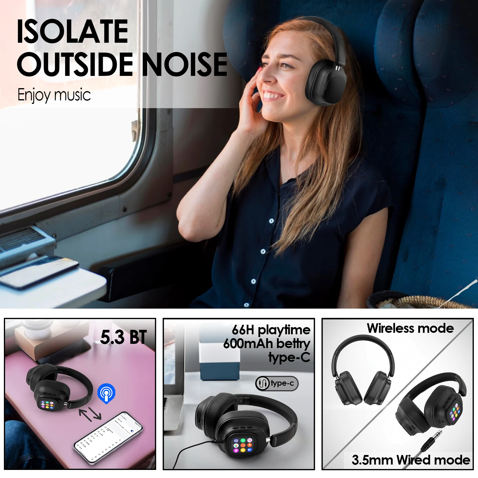 Siindoo NEWEST ANC930Plus Hybrid ANC Wireless Headphone, With Multi Magnetic Touch Control LED Screen AND APP Download 1GB MP3 4