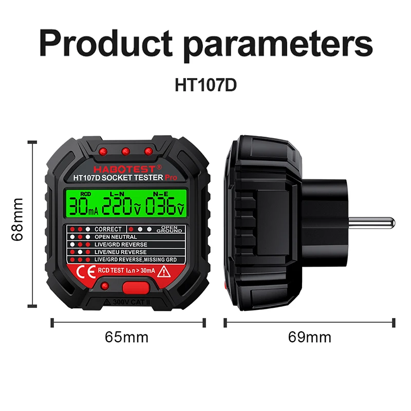 HT107D Socket Tester Digital Plug AC Voltage Detect RCD Test Socket Detector EU Plug Ground Zero Line Plug Polarity Phase Check 2