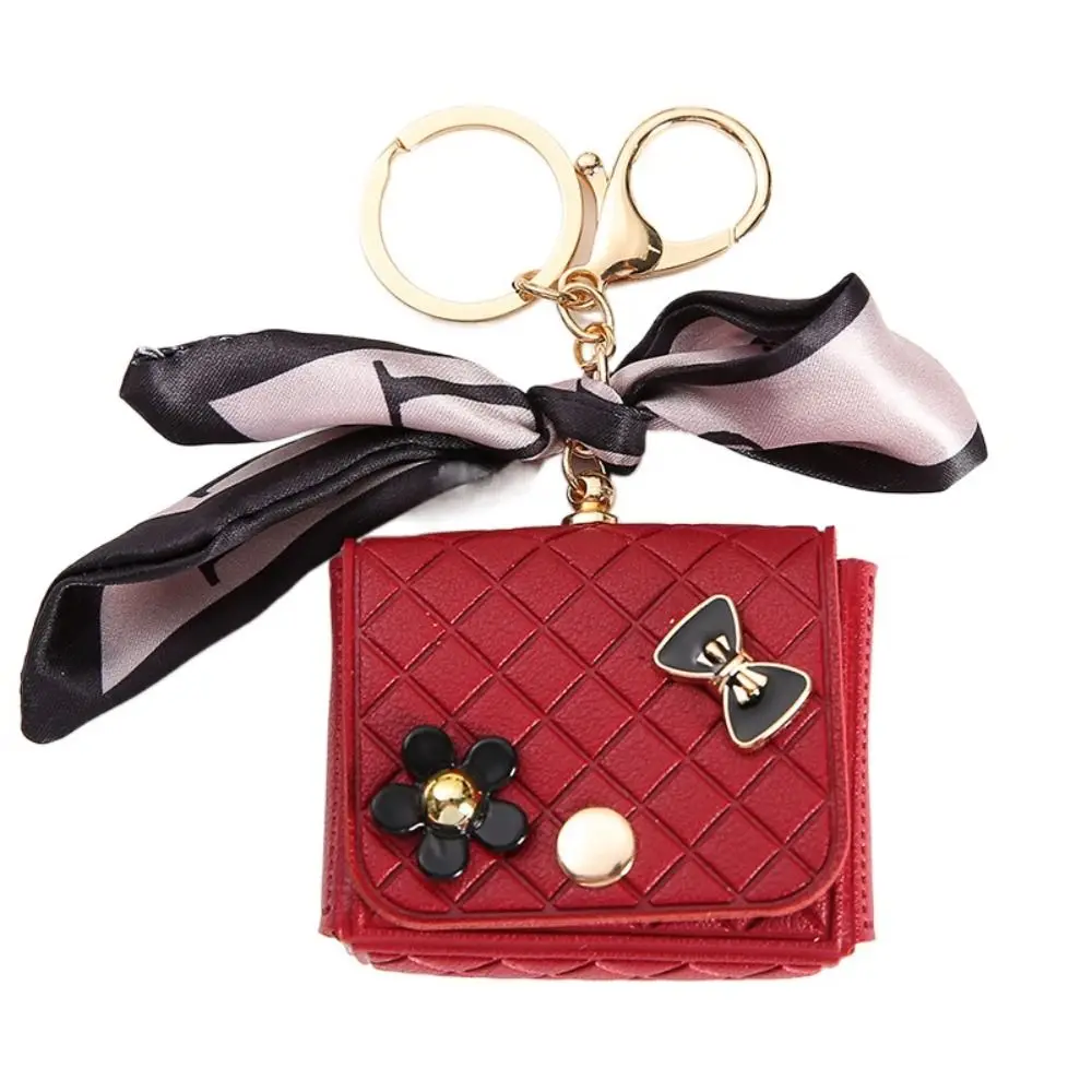 Mini Silk Scarf Earphone Storage Bag Solid Color Leather Coin Purse Creative Keychain Pendant Bluetooth Headset Cover