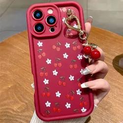 Red Cherry Pattern Silicone Phone Case with Chain Cover - iPhone 15 Plus (1)
