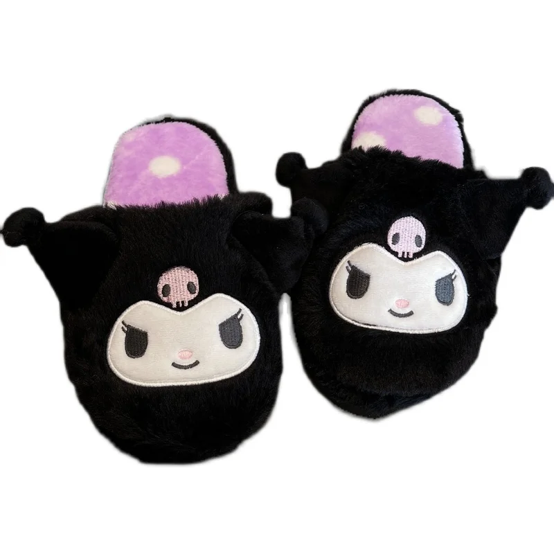 Flat Slippers Kuromi My Melody Sanrio Cartoon Plush Floor Warm Winter Indoor Non-slip Girl Home