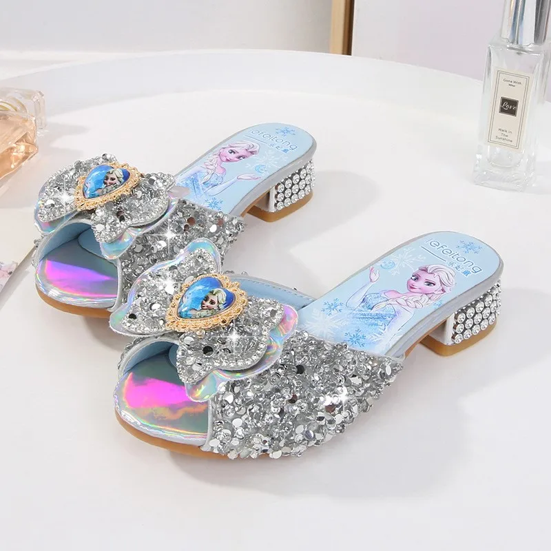 Girls Summer Sandals fashion Slipper Sequined Princesse Children High Heel Party Dress Elsa Shoes Leather Slipper for Girl 5