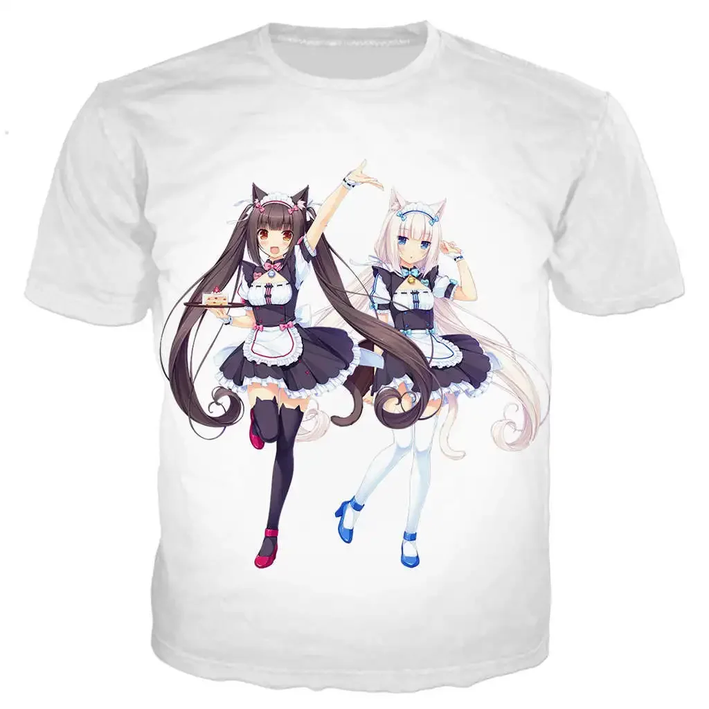 남성/여성을위한 새로운 쿨 티 Nekopara 초콜릿 바닐라 3D 인쇄 귀여운 애니메이션 짧은 소매 하라주쿠 스타일 스트리트 티셔츠 탑