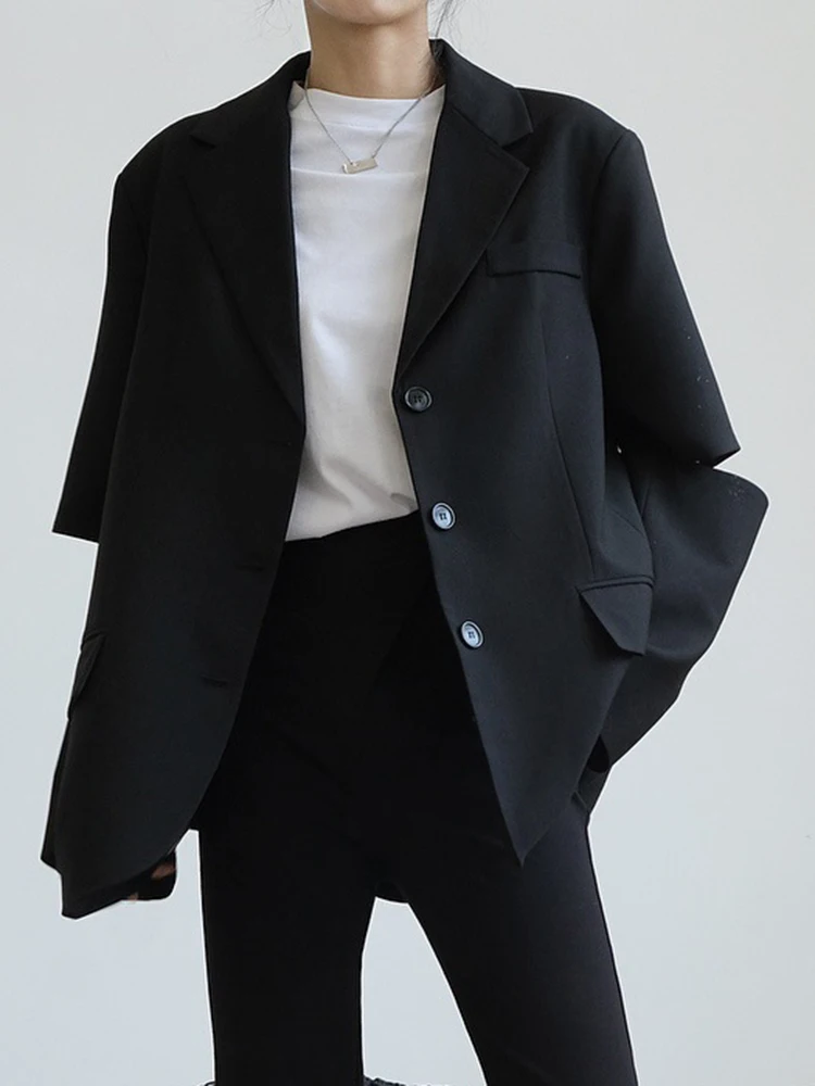 [LANMREM] Fashion Designer Split Spliced Black Blazer For Women Notched Single Breasted Loose Tide Jackets 2024 Spring New