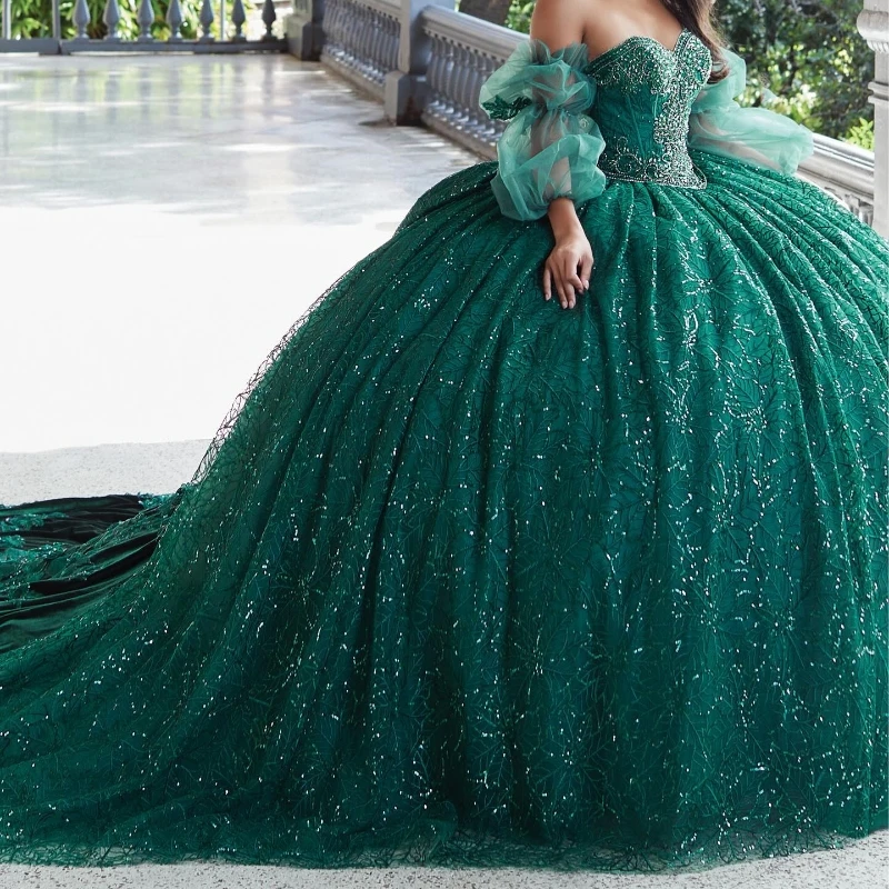 

Green Shiny Sweetheart Ball Gown Quinceanera Dresses Off The Shoulder Appliques Lace Beads Tull Sweet 16 Corset Vestido De 15