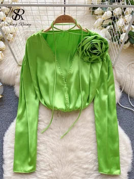 SINGREINY Fashion 3D Floral Satin Blouse High Quality Long Sleeves Loose Top Streetwear korean Elegant Solid Sexy Casual Shirts
