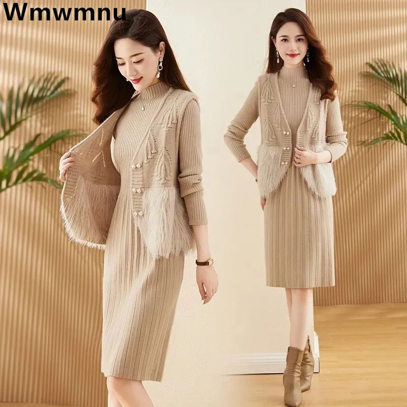 

Elegant Design Women Knitwear Vest 2 Piece Set Korean Slim Chic Sleeveless Top Conjuntos Trend Soft Mid-length Knit Dress Trajes