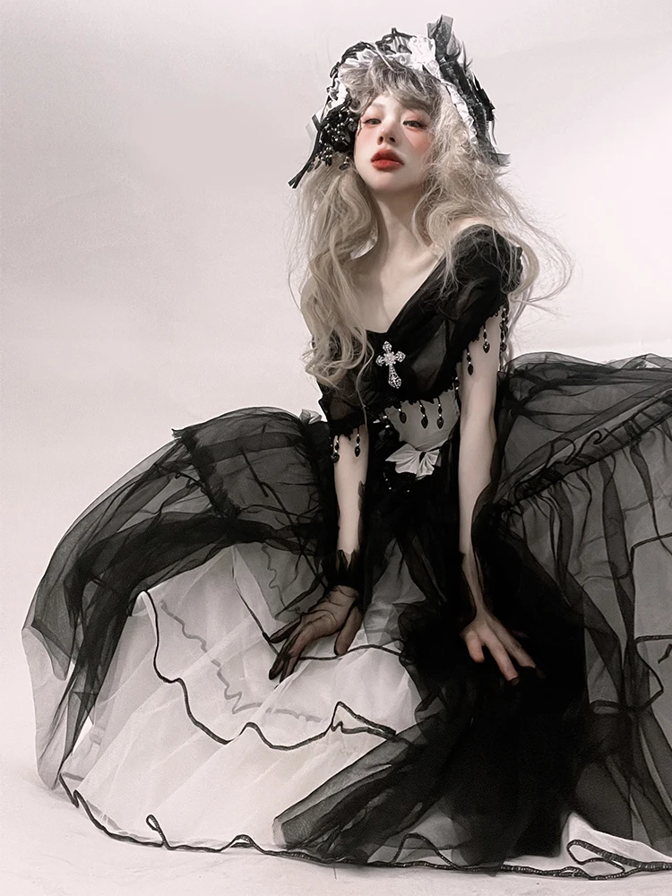 

Lolita Design Gothic Flower Wedding One-shoulder Elegant Long Dress JSK Gauze Cross Dress Birthday Party Princess