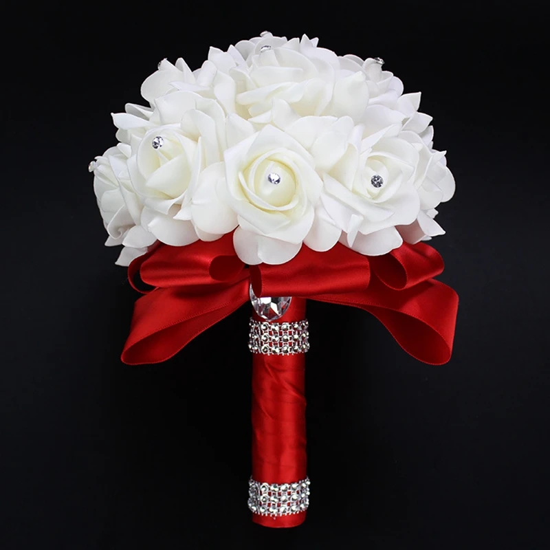 Elegant Artificial Rose Bridal Bouquet with Satin Ribbon Handle for Wedding Ceremony Decoration and Bridesmaid Gift