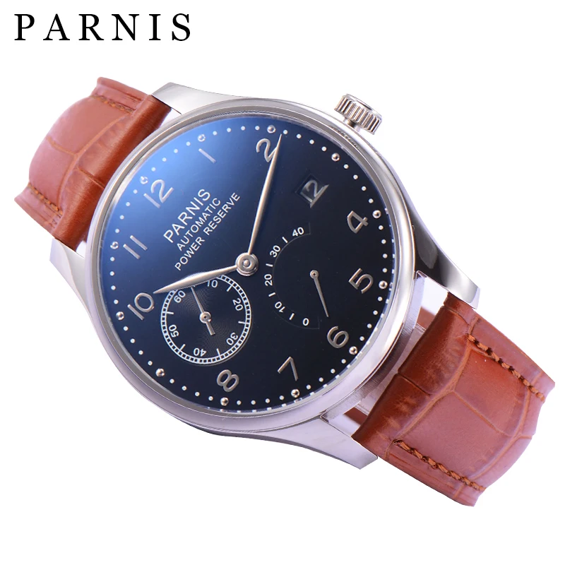 

Casual Parnis 43mm Black Dial Mechanical Automatic Men Watches Calendar Brown Leather Strap Watch Top Luxury Brand 2023 Clock