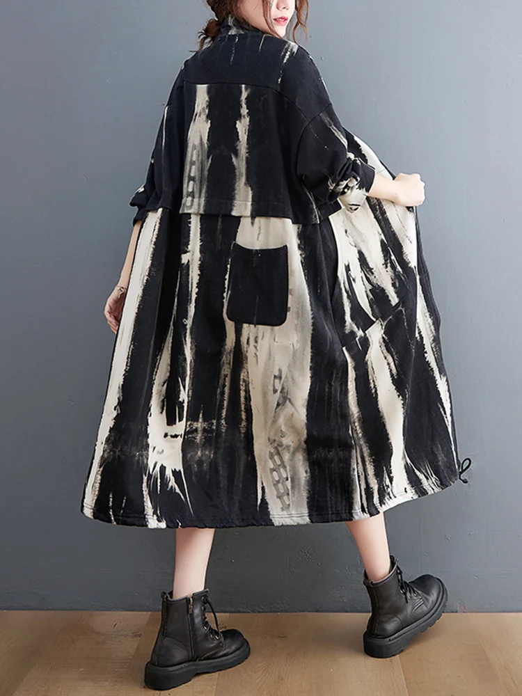 2025 Autumn Winter Oversized Turtleneck Long Trench Coat For Women Drawstring Casual Loose Vintage Print Outerwear Cardigan