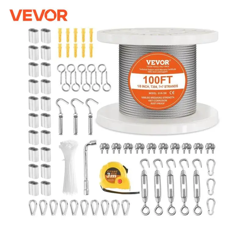 VEVOR 30Meter Steel Wire Rope Kit 1600lbs Heavy Duty Garden Wire Cable Balcony Railing Farm Fence Tent Roll for Handrail Stair