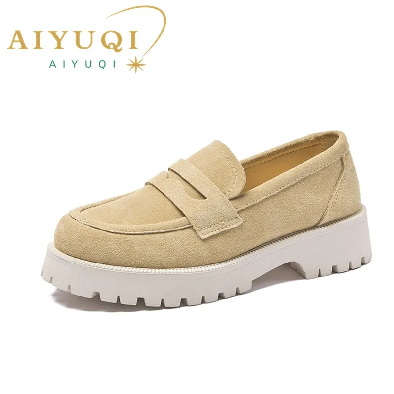 Aiyuqi Frauen Slipper Schuhe Wildleder Echt leder 2024 britischen Stil Damen Frühlings schuhe dicken Boden große Damenschuhe