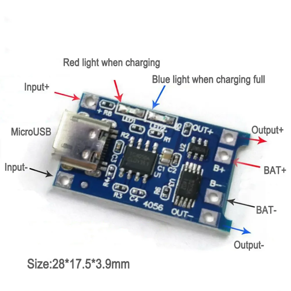 Carte de protection batterie lithium 1A avec circuits imprimés et LED indicatrice de charge.