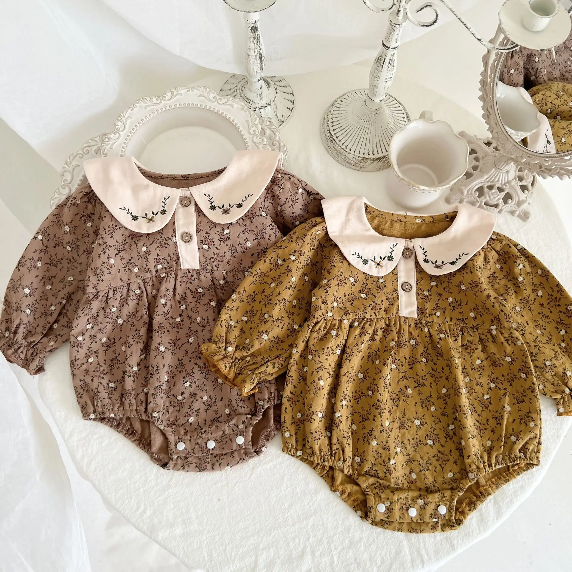 

2023 Autumn Spring Newborn Baby Girls Full Sleeve Floral Peter Pan Collar One-piece Infant Kids Cotton Overalls Bodysuits 0-3Y