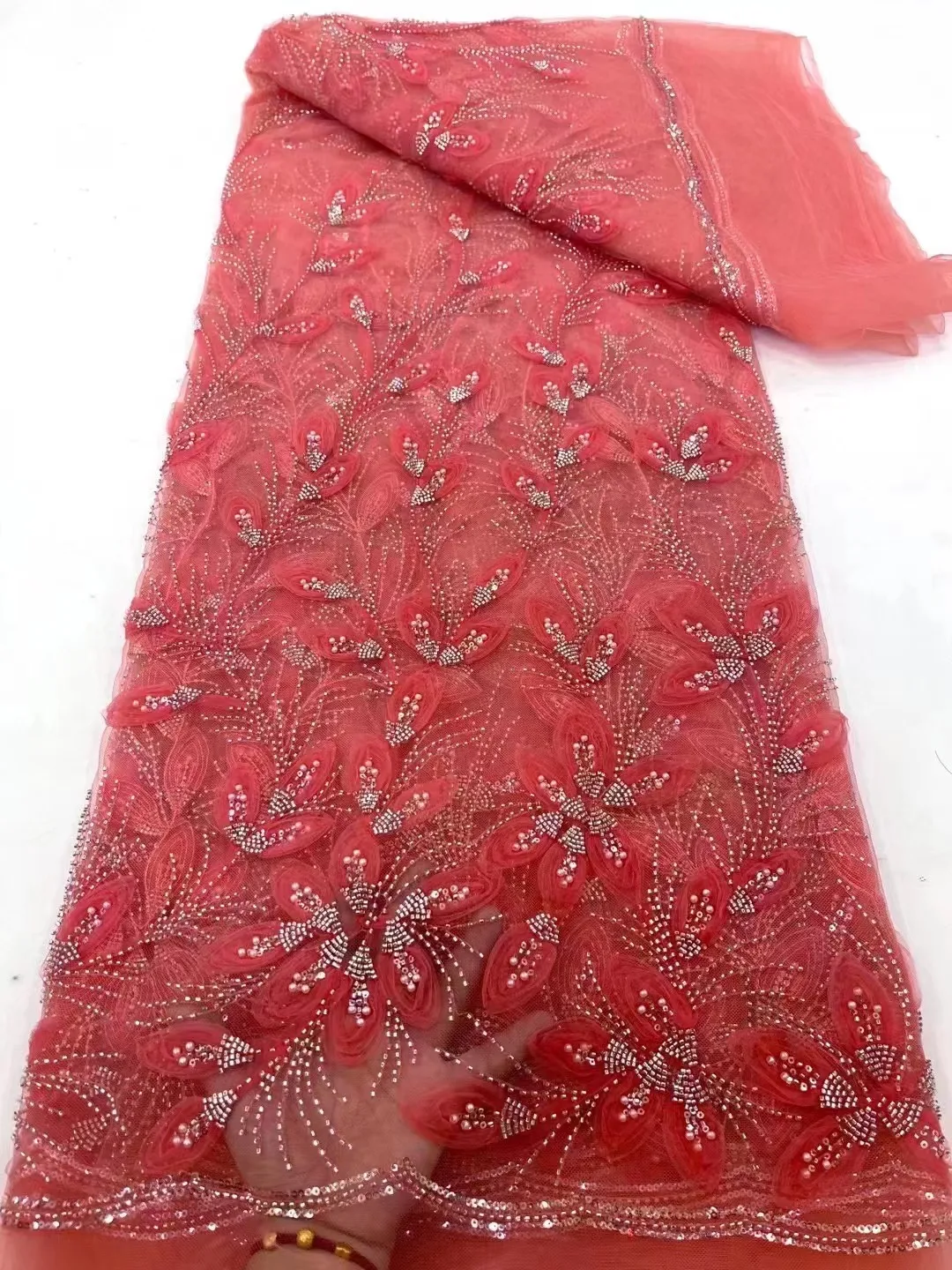 

Роскошная 3D ткань с цветами 2023 Высококачественная французская вышивка нигерийские Блестки из бисера кружевная ткань для свадебного платья