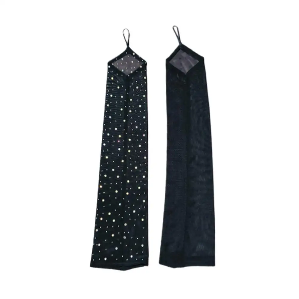 50CM Women Flash Diamond Mesh Hook Finger Gloves Fashion Electronic Music Festival Black Sexy Gloves Cosplay Stage Performance