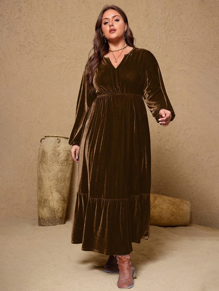Plus Size 2025, Neuankömmling, einfarbig, Glockenärmel, Samt, tailliertes Kleid mit V-Ausschnitt, Abendkleid, festliche Kleidung, Dinnerparty – Detail 17