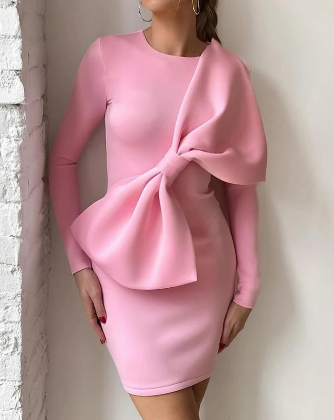 

Elegant and Pretty Women's Dresses Autumn Bowknot Decor Round Neck Long Sleeve Party Dress Mini Skinny Pink Dress