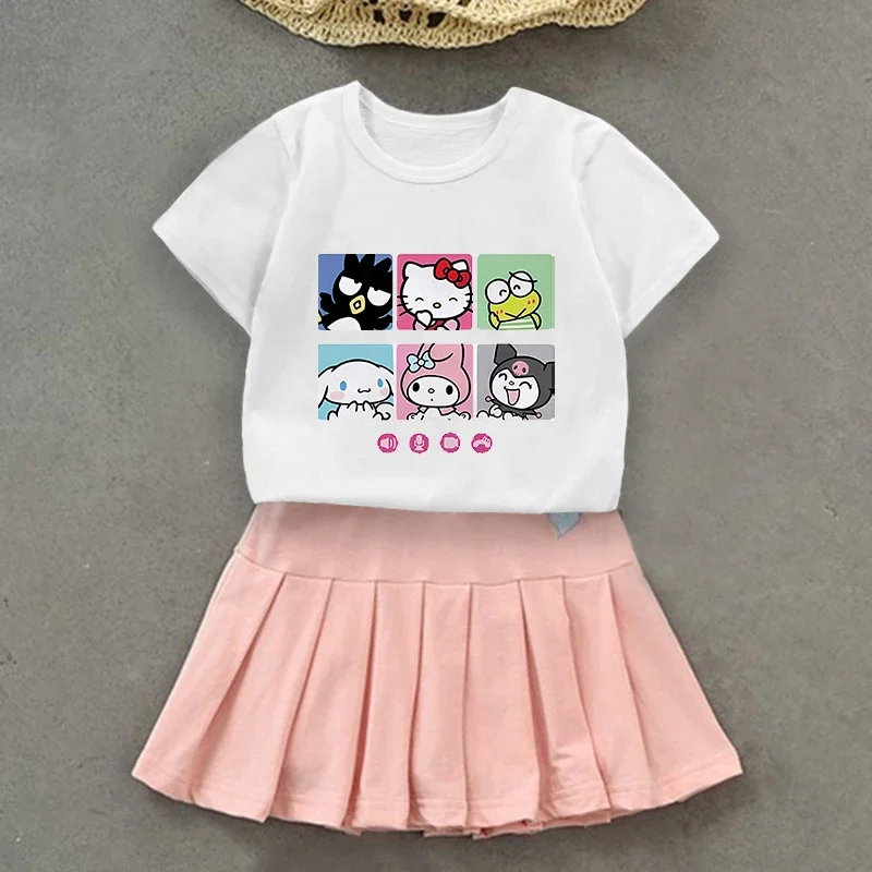 Hello Kitty Kuromi Kids Girls Student Uniform Skirts T Shirt Pleated Culottes Child Summer Skirt with Inner Safety Pant Dress 2