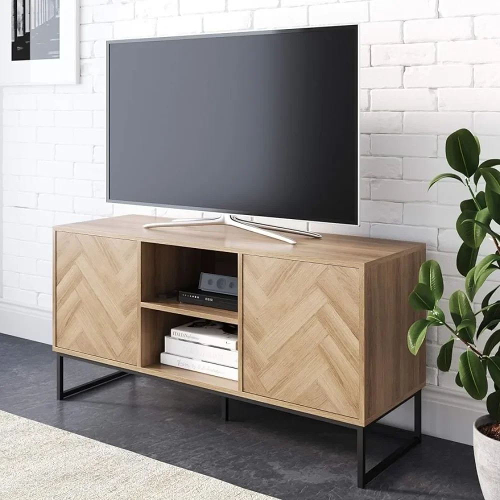 

Media Console Cabinet or TV Stand With Doors for Hidden Storage in a Natural Reclaimed Herringbone Wood Pattern and Metal Luxury