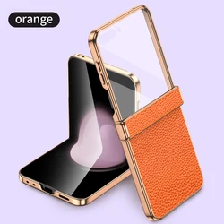 Luxury Cowhide Leather Phone Case with Tempered Glass - Premium Hinge Back Cover for Galaxy Z Flip7 FE (Orange with glass)