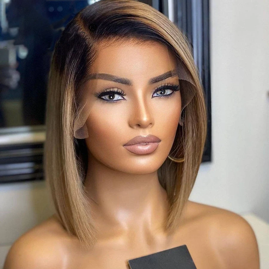 

Blunt Soft Short Bob Ombre Blonde Full Lace Wig With 4x4 Silk Base For Women Straight HumanHair BabyHair Preplucked Wig