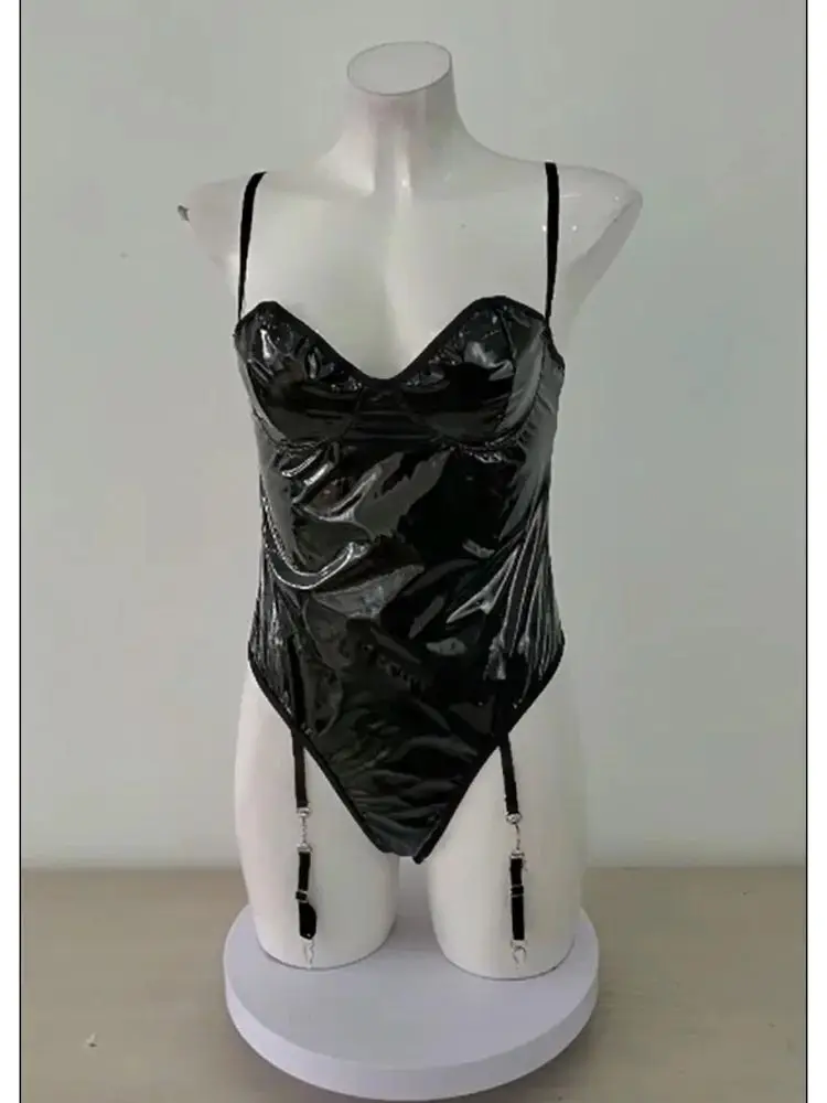 S-XXL Spaghetti Stap Shaped Breast Wet Look PVC Catsuit Swimsuit Shiny PU Leather Bodysuit Tight Sexy Clubwear Body Belt Teddies