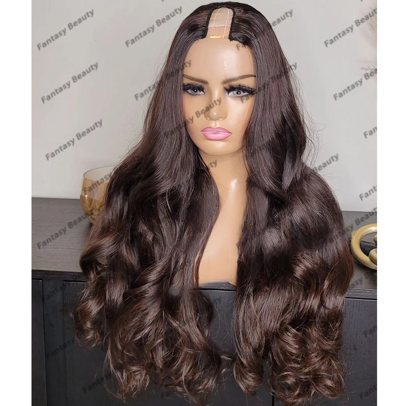 Chestnut Brown Loose Wavy Long 100% Remy Human Hair 1x4 U Part Wigs for Black Women Glueless Middle V Part Wigs Adjustable