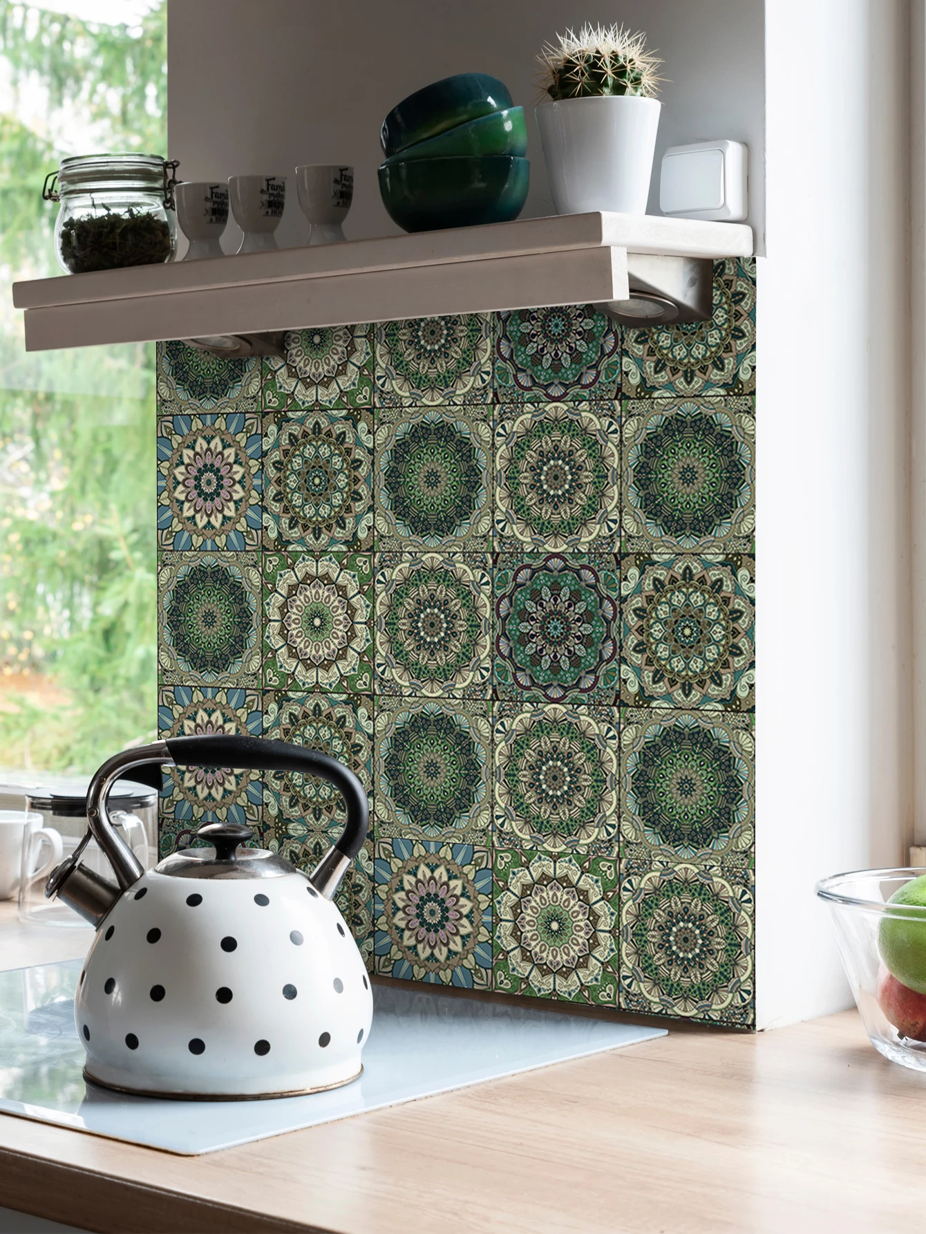 Kitchen Wall Sticker Green Mandala Style Thickened Moisture-proof Waterproof Background Beautification Decorative 1 roll