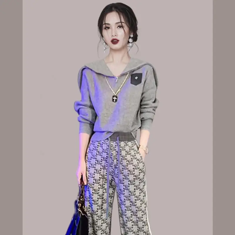 Spring and Autumn Women's Fashion High-end Casual Short Long Sleeve Sweatshirt Trousers Letter Printed Sportswear Set