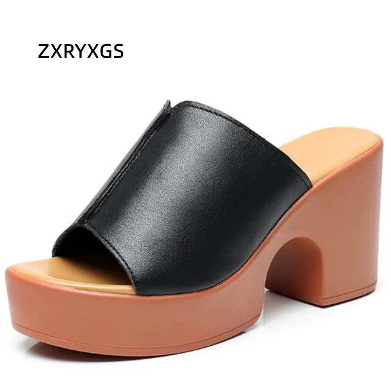 

2022 Popular New Fish Mouth Genuine Leather Outer Wear Slippers Summer Sandals Thick-soled High Heel Slippers Women Sandal Shoes