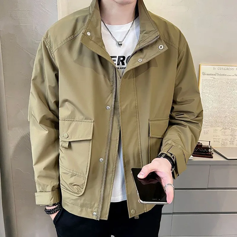 New Spring and Autumn Fashion Trend High End Workwear Jacket Stand Up Collar Loose Versatile and Handsome Casual Men's Coat