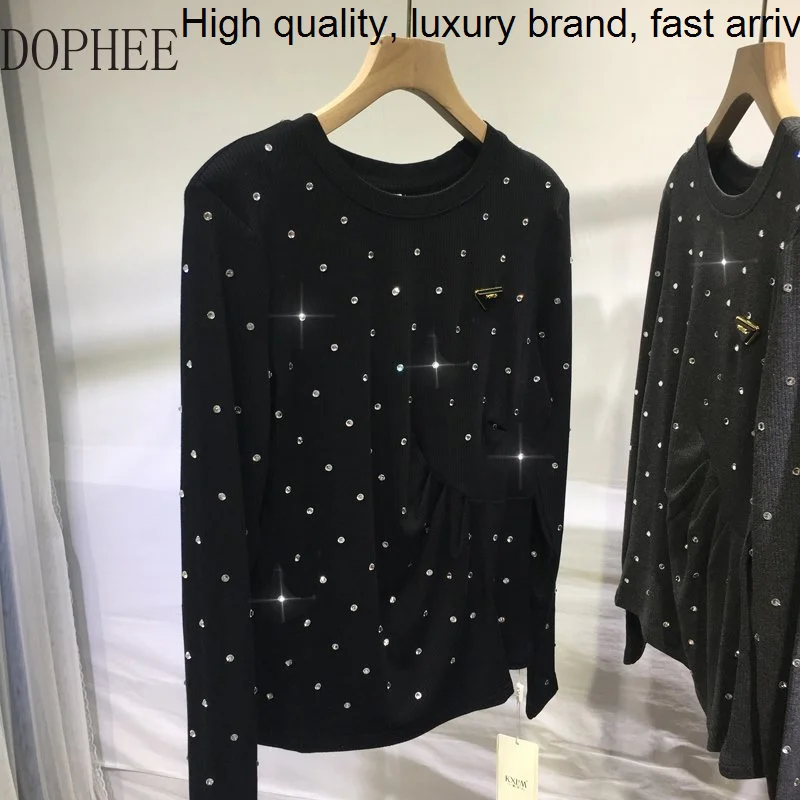 

Cotton Diamond Gypsophila Long Sleeve T-shirt O-neck Autumn Winter Bottoming Top Large Size Solid Color Blingbling Black Tees