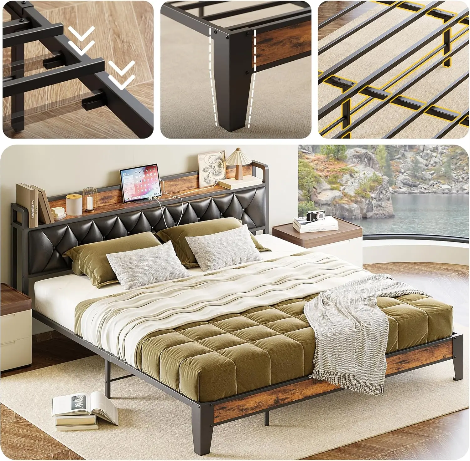 King Bed Frame, Storage Headboard with Outlets, Easy to Install, Sturdy and Stable, No Box Springs Needed, Rustic Brown