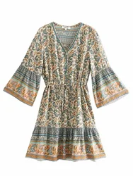 Vintage Women's Floral Print V - Neck Bohemian Mini Dress with Flare Sleeves - S (Kahaki)