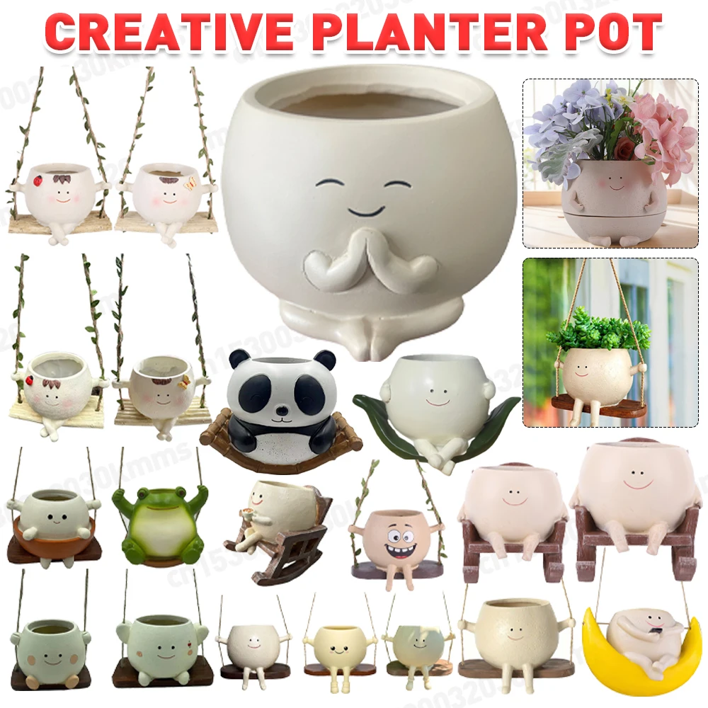 Rocking Chair/Swing Face Flower Pot Succulent Planter Cute Resin Head Planters Home Garden Supplies for Indoor Outdoor Plants