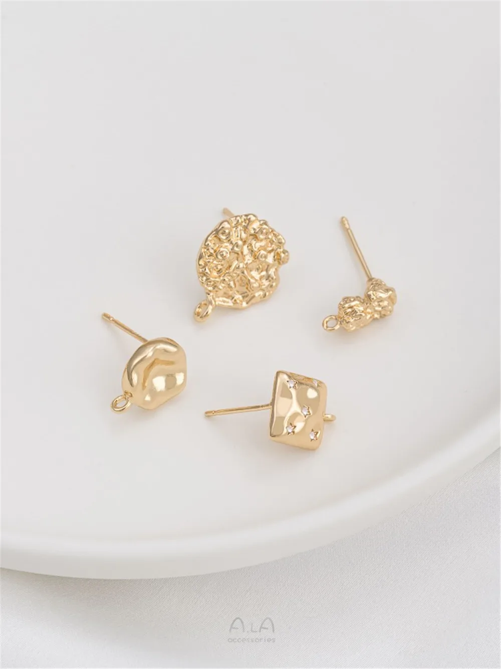 925 Silver Needle 14K Gold Wrapped Lava Small Stone Irregular Flat Round Square with Hanging Rings Earrings Accessories E345