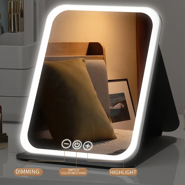Miroir de maquillage LED à intensité variable, 3 couleurs, avec écran tactile, pliable, cosmétique, table rechargeable, pour voyage et usage domestique 3