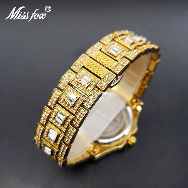 ????? ?? ?????? ?????  Gold Men's Watch Blue Dial Diamond Luxury Big Wrist Quartz Watches Bracelet Baguette Look Like Expensive 4